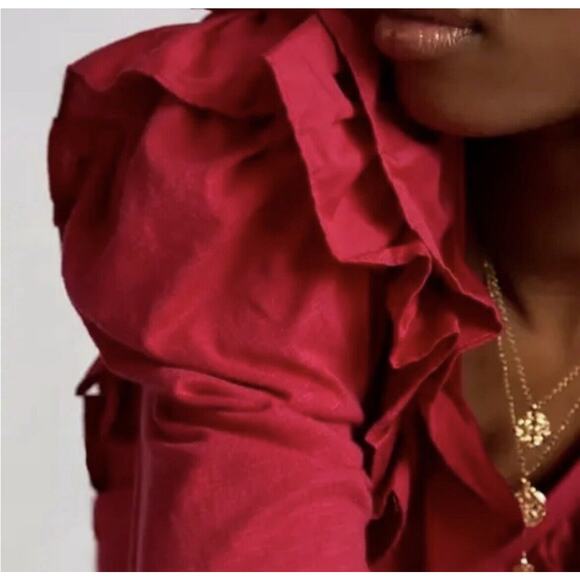 Anthropologie Ruffle V-Neck Long Sleeve Top Womens XS Pink Fuchsia Edwardian - Picture 3 of 11